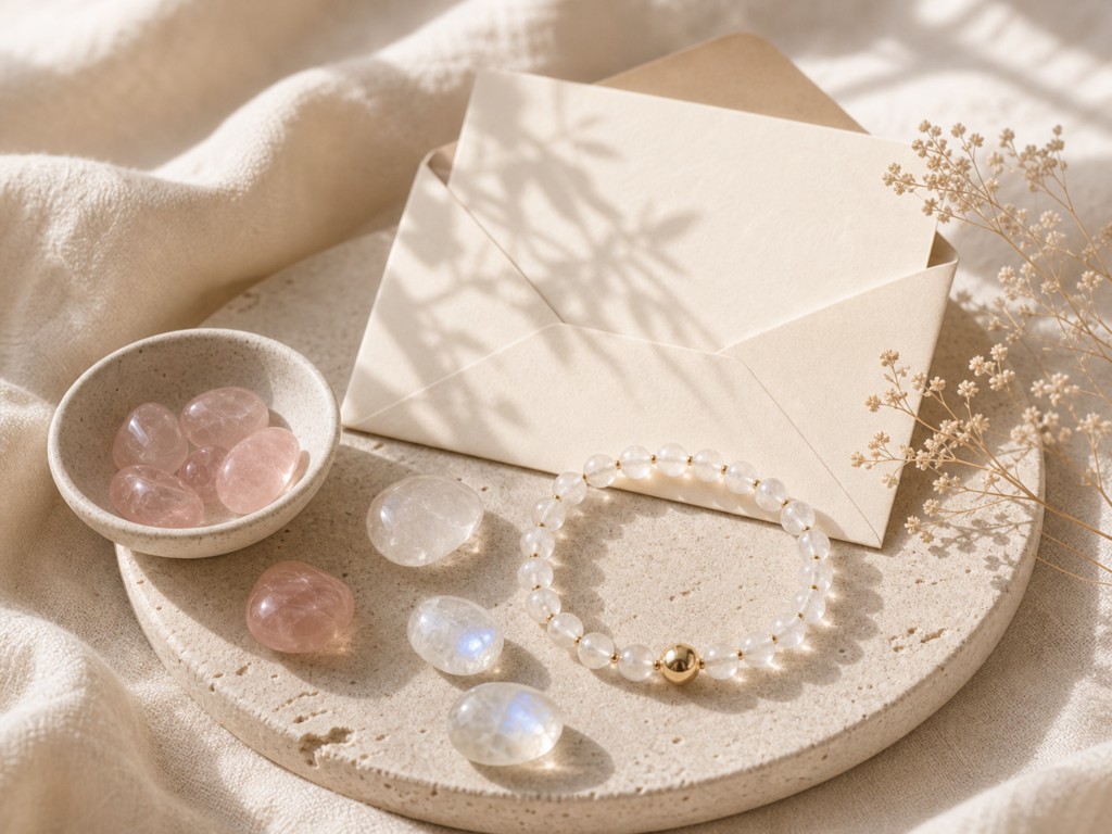 Natürliche Edelsteine, Schmuck und eine Karte als Dankeschön für die Newsletter-Anmeldung